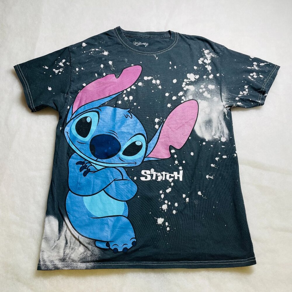 Disney Mens Black Lilo & Stitch Illustration Bleach Graphic Print T-Shirt Sz L